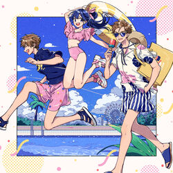  2boys aviator_sunglasses bag blue_eyes blue_hair blue_shirt blue_sky brown_hair clenched_hand closed_eyes english_text female ferris_wheel floral_print food hair_ribbon hat highres holding innertube jumping keishin long_hair male_swimwear multiple_boys open_mouth original palm_tree pink_ribbon pink_shorts ponytail poolside popsicle ribbon running sandals shirt short_hair shorts siblings sky smile straw_hat striped_clothes striped_shorts sunglasses swim_ring swim_trunks swimsuit tote_bag tree walking white_shirt 