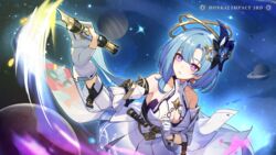  bare_shoulders blue_hair breasts chinese_commentary cleavage_cutout clothing_cutout collarbone commentary_request detached_sleeves dress earrings female gloves griseo griseo_(cosmic_expression) highres holding holding_weapon honkai_(series) honkai_impact_3rd jewelry large_breasts light_blue_hair official_art official_wallpaper paintbrush painting_(action) parted_lips planet purple_eyes saturn_(planet) solo space star_(sky) upper_body weapon white_dress white_gloves white_sleeves 