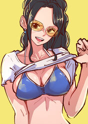  aosora2823 bikini bikini_top_only bikini_under_clothes black_hair blue_bikini blush breasts cleavage clothes_lift collarbone commentary earrings english_commentary eyelashes female forehead frilled_sleeves frills halterneck head_tilt highres jewelry large_breasts lifting_own_clothes long_hair looking_at_viewer nico_robin one_piece one_piece_film:_gold open_mouth parted_bangs ponytail shirt shirt_lift short_sleeves simple_background smile solo sunglasses swimsuit tinted_eyewear upper_body wavy_hair white_shirt yellow-tinted_eyewear yellow_background 