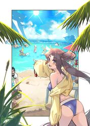  4boys 6+girls archer_(fate) artoria_pendragon_(fate) artoria_pendragon_(swimsuit_archer)_(fate) ass back ball bare_shoulders bb_(fate) bb_(swimsuit_mooncancer)_(fate) bb_(swimsuit_mooncancer)_(first_ascension)_(fate) beach beachball beard bikini black_hair blue_bikini blue_eyes blue_sky breasts cleopatra_(fate) cleopatra_(seaside_luxury)_(fate) crate cu_chulainn_(fate) cu_chulainn_(fate/stay_night) edward_teach_(fate) facial_hair fate/grand_order fate_(series) gilgamesh_(caster)_(fate) gilgamesh_(establishment)_(fate) gilgamesh_(fate) hair_bun highres jack_the_ripper_(fate/apocrypha) jacket jeanne_d&#039;arc_(fate) jeanne_d&#039;arc_(swimsuit_archer)_(fate) jeanne_d&#039;arc_(swimsuit_archer)_(first_ascension)_(fate) jeanne_d&#039;arc_alter_santa_lily_(fate) long_hair long_sleeves looking_at_viewer looking_back mash_kyrielight mash_kyrielight_(swimsuit_of_perpetual_summer) medium_breasts mitsurugi_sugar mordred_(fate) mordred_(swimsuit_rider)_(fate) multiple_boys multiple_girls nursery_rhyme_(fate) ocean off_shoulder okita_souji_(fate) okita_souji_alter_(fate) open_mouth outdoors palm_leaf parted_bangs pointing scathach_(fate) scathach_(swimsuit_assassin)_(fate) shore side_ponytail sidelocks single_side_bun sky smile sun swimsuit thighs ushiwakamaru_(fate) ushiwakamaru_(swimsuit_assassin)_(fate) ushiwakamaru_(swimsuit_assassin)_(first_ascension)_(fate) very_long_hair yellow_jacket 