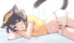  animal_ear_fluff animal_ears bird black_hair bloomers blush bow bra breasts cat_ears cat_girl cat_tail commentary cropped_shirt duck egg feet_out_of_frame female green_eyes head_on_arm headband hololive looking_at_viewer medium_breasts navel official_alternate_costume on_bed oozora_subaru oozora_subaru_(loungewear) open_mouth orange_bra pajamas ribbon shirt short_hair solo swept_bangs taachika tail thighs twintails underwear virtual_youtuber yellow_shirt 