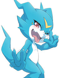  2023 5_fingers ambiguous_gender anthro bandai_namco blue_arms blue_fingers blue_hands blue_tail digimon digimon_(species) double_v_sign fingers gesture hand_gesture hi_res looking_at_viewer monotone_tail multicolored_body one_eye_closed open_mouth pose shoru side_view simple_background solo tail teeth tongue tongue_out v_sign veemon white_background white_body 