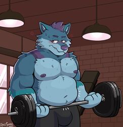  anthro barbell belly belly_overhang blue_body blue_fur blush brick_wall bulge canid canine canis clothed clothing embarrassed exercise fit_to_fat fur gym hair hi_res lights male mammal musclegut muscular muscular_anthro muscular_male navel nipples overweight overweight_anthro overweight_male purple_hair rodraccoon solo wall_(structure) weight_gain weightlifting weights window wolf workout yukon 