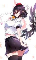  absurdres ass bird_wings black_hair black_skirt black_thighhighs black_wings breasts cowboy_shot eyelashes feathered_wings female hat highres holding holding_leaf large_breasts leaf maple_leaf pleated_skirt pointy_ears pom_pom_(clothes) puffy_short_sleeves puffy_sleeves raptor7 red_eyes red_hat shameimaru_aya shirt short_hair short_sleeves simple_background skirt solo thighhighs tokin_hat touhou white_background white_shirt wings 