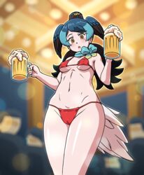  acesrulez beer_mug bikini bird_tail bird_wings black_hair blue_hair blush bow bowtie breasts cameltoe cup female flight_attendant flight_attendant_hat hat head_wings highres holding holding_cup japari_symbol kemono_friends long_hair looking_at_viewer medium_breasts mug multicolored_hair navel open_mouth passenger_pigeon_(kemono_friends) red_bikini solo swimsuit tail travel_attendant wings 