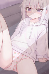  arm_support blush commentary couch crotch_seam drawstring female food_print highres hood hood_down hoodie knee_up leaning_back light_frown long_hair long_sleeves looking_at_viewer no_pants on_couch original panties parted_lips print_panties purple_eyes shooko sitting solo strawberry_panties strawberry_print underwear white_hair white_hoodie white_panties 