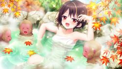  autumn_leaves bandou_mikuru blonde_hair breasts brown_hair closed_eyes collarbone day dot_nose female film_grain game_cg hand_up izumi_tsubasu lens_flare medium_breasts monkey multicolored_hair naked_towel non-web_source official_art onsen open_mouth outdoors partially_submerged re:stage! reclining red_eyes relaxing rock short_hair smile solo sparkle steam streaked_hair towel tree two-tone_hair white_towel 