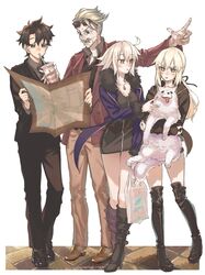  2boys 2girls artoria_pendragon_(fate) black_camisole black_dress black_footwear black_hair black_jacket black_pants black_ribbon black_shorts black_suit blonde_hair blue_coat blush boots breasts brown_jacket camisole canine cavall_the_2nd cleavage coat collared_shirt cup dress drinking_straw eyewear_on_head facial_hair fate/grand_order fate_(series) fujimaru_ritsuka_(male) fujimaru_ritsuka_(male)_(royal_brand) full_body fur-trimmed_coat fur_trim green_eyes grey_eyes grey_hair grey_shirt hair_ribbon highres jacket james_moriarty_(archer)_(fate) jeanne_d&#039;arc_alter_(fate) jeanne_d&#039;arc_alter_(ver._shinjuku_1999)_(fate) jewelry knee_boots large_breasts long_hair long_sleeves low_ponytail map medium_breasts mitsurugi_sugar moustache multiple_boys multiple_girls necklace necktie open_clothes open_coat open_jacket open_mouth pants ribbon saber_alter saber_alter_(ver._shinjuku_1999)_(fate) samoyed_(dog) shirt short_dress short_hair shorts sidelocks suit sunglasses thigh_boots yellow_eyes 