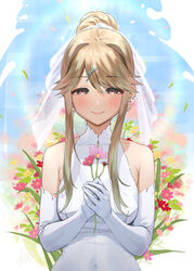  absurdres alternate_costume blush breasts commentary_request dress elbow_gloves falling_petals female floral_background flower gloves hair_bun highres holding holding_flower idolmaster idolmaster_million_live! kaiso_(kaisooekaki) light_brown_hair looking_at_viewer medium_breasts own_hands_together petals sidelocks single_hair_bun sleeveless sleeveless_dress smile solo tenkubashi_tomoka upper_body white_dress white_gloves 