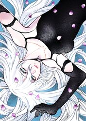  a2_(nier:automata) abeinoddword armpit_crease black_bodysuit black_gloves blue_background blue_eyes bodysuit breasts commentary_request elbow_gloves eyelashes female from_above gloves hair_between_eyes highres long_hair looking_at_viewer lying medium_breasts mole mole_under_mouth nier:automata nier_(series) petals simple_background white_hair 