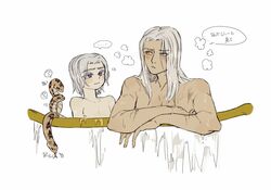  2boys ? absurdres alternate_form alternate_hairstyle animal blush brothers collarbone dark_souls_(series) dark_souls_i dark_souls_iii dark_sun_gwyndolin grey_hair highres long_hair multiple_boys nameless_king no_headwear siblings smile snake speech_bubble teeth translation_request wet zunkome 