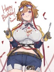  black_gloves black_jacket blush breasts brown_hair butter_knife cake commission denim denim_shorts english_commentary eyewear_on_head female food food_on_body food_on_breasts fork girls&#039;_frontline gloves grizzly_mkv_(girls&#039;_frontline) happy_birthday highres jacket jknor looking_at_viewer open_clothes open_jacket orange_gloves purple_eyes red_ribbon ribbon short_hair shorts sunglasses two-tone_gloves 