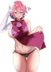  absurdres bandaged_arm bandages black_panties breasts bun_cover cowboy_shot double_bun female hair_bun highres ibaraki_kasen lace-trimmed_panties lace_trim large_breasts lifting_own_clothes looking_at_viewer navel open_mouth panties pink_eyes pink_hair purple_tabard short_hair side-tie_panties siegs_wurm simple_background smile solo standing string_panties tabard tabard_lift thigh_gap touhou underwear white_background 