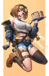  absurdres asymmetrical_legwear birthday_cake black_gloves black_jacket black_socks boots breasts brown_footwear brown_hair cake candle commission denim denim_shorts eyewear_on_head female food fur-trimmed_jacket fur_trim girls&#039;_frontline gloves grizzly_mkv_(girls&#039;_frontline) grizzly_win_mag gun handgun happy_birthday highres holster holstered jacket kneeling large_breasts looking_at_viewer numanoan open_clothes open_jacket orange_background plate short_hair shorts single_sock single_thighhigh socks sunglasses thigh_holster thighhighs torn_clothes torn_socks two-tone_background weapon white_background 