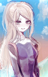  bad_id bad_pixiv_id blonde_hair breasts brown_eyes cloud danganronpa_(series) danganronpa_2:_goodbye_despair day female green_sky grin highres long_hair medium_breasts naruse_(nal1525) official_alternate_costume outdoors ponytail sky smile solo sonia_nevermind swimsuit teeth upper_body 