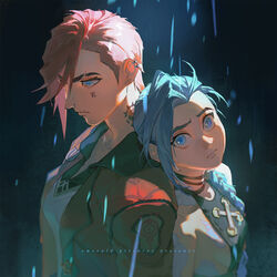  2girls arcane:_league_of_legends arcane_jinx arcane_vi arm_tattoo asymmetrical_hair back-to-back blue_hair braid breasts cloud_tattoo emmmerald eyebrow_cut facial_tattoo hair_over_shoulder highres jacket jinx_(league_of_legends) league_of_legends multiple_girls neck_tattoo nose_piercing piercing red_hair scar siblings sideboob sidecut sisters small_breasts tattoo twin_braids undercut upper_body vi_(league_of_legends) 