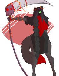  anthro big_breasts biped bone breasts clothed clothing coffeesheizen electricity enchanted_weapon featureless_breasts felid female huge_breasts mammal melee_weapon polearm red_electricity scythe skull solo standing weapon wide_hips 