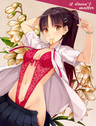  adjusting_hair black_hair blush bracelet breasts brown_hair cleavage commentary_request dress_shirt dressing english_text female flower hair_ornament hairclip highres jewelry lingerie long_hair looking_at_viewer mouth_hold open_clothes open_shirt open_skirt original ponytail revision rubber_band school_uniform shirt skirt small_breasts smile solo teddy_(lingerie) underwear uniform yokaze_japan 