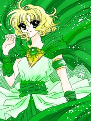  bad_id bad_pixiv_id blonde_hair cowboy_shot female fukujaku gem green_background green_eyes green_skirt green_theme green_wrist_cuffs hououji_fuu long_neck looking_at_viewer magic_knight_rayearth official_alternate_costume official_style short_hair skirt smile solo wrist_cuffs 