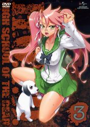  :d absurdres antenna_hair arm_up backpack bag blood blush bow bowtie breasts buttons canine company_name converse copyright_name cover covered_nipples cross-laced_footwear dirty dirty_clothes dvd_cover female flipped_hair full_body glasses green_skirt hair_between_eyes highres highschool_of_the_dead kneehighs large_breasts long_hair long_sleeves miniskirt oerba_yun_fang official_art on_one_knee open_mouth pink_hair pleated_skirt puppy rimless_eyewear satou_shouji scan school_uniform serafuku shirt shoes sidelocks skirt smile sneakers socks spiked_hair spread_legs takagi_saya thighhighs twintails twirling_hair very_long_hair wavy_hair white_legwear yellow_eyes zeke_(highschool_of_the_dead) 