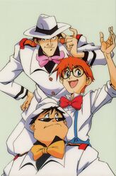  1990s_(style) 3boys arm_up black-framed_eyewear bow bowtie brown_hair fushigi_no_umi_no_nadia hand_on_own_hip hanson_(nadia) hat jean_roque_lartigue long_sleeves multiple_boys non-web_source official_art open_mouth orange_hair retro_artstyle round_eyewear sanson_(nadia) short_hair simple_background sleeves_rolled_up smile sunglasses suspenders white_background 