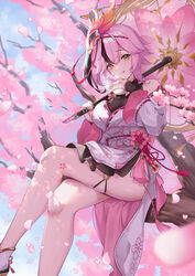  :q absurdres bare_hips bare_legs bare_shoulders bird_mask blue_sky cherry_blossoms china_dress chinese_clothes crossed_legs day dress falling_petals feet_out_of_frame female flower flower_umbrella food green_eyes highres holding holding_food holding_umbrella lan_(tower_of_fantasy) legs long_hair mask mask_on_head mochi nolmo outdoors petals pink_flower pink_hair sash shoes sitting sitting_on_branch sky smile solo tassel thigh_strap thighs tongue tongue_out tower_of_fantasy tree umbrella 