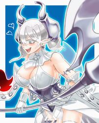  2girls armpits breasts cleavage collar cowboy_shot demon_girl demon_horns demon_wings detached_sleeves dress duel_monster gloves grey_eyes heart holding holding_weapon horns knight_(yu-gi-oh!) large_breasts leotard leotard_under_clothes looking_at_another lovely_labrynth_of_the_silver_castle multiple_girls pointy_ears polearm simple_background solo_focus strapless strapless_dress thighhighs transparent_wings twintails weapon white_dress white_gloves white_hair wings yu-gi-oh! zidai_okuraven 