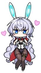  animal_ears blacha_(dkskek157) black_leotard blue_eyes blush_stickers bow bowtie brooch chibi counter:side crossed_bangs eyebrows_hidden_by_hair fake_animal_ears female full_body gloves glowing_headgear grey_hair groin hair_intakes heart heart_hands highleg highleg_leotard horizon_(counter:side) jewelry jitome leotard long_hair looking_at_viewer low_ponytail no_mouth official_alternate_costume pantyhose playboy_bunny rabbit_ears sidelocks solo thigh_strap very_long_hair wavy_hair white_background 