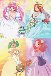  1990s_(style) 4girls ai_tenshi_densetsu_wedding_peach angel_daisy angel_lily angel_salvia aqua_eyes back_bow bead_necklace beads blue_dress blue_eyes bouquet bow brown_hair choker collarbone dress earrings elbow_gloves flower gloves green_hair hair_flower hair_ornament hanasaki_momoko hat highres holding holding_bouquet holding_flower jewelry juliet_sleeves long_dress long_hair long_sleeves multiple_girls necklace non-web_source official_art open_mouth pink_dress pink_hair puffy_short_sleeves puffy_sleeves purple_eyes red_eyes red_hair retro_artstyle scarlet_ohara short_hair short_sleeves smile tamano_hinagiku tanima_yuri tiara v_arms veil wedding_peach white_dress white_gloves yellow_choker yellow_dress 