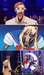  1boy artist_request b1_battle_droid bishoujo_senshi_sailor_moon blonde_hair blue_sailor_collar blue_skirt bow cosplay cyborg flower general_grievous highres meme moon obi-wan_kenobi parody red_bow rose sailor_collar sailor_moon sailor_moon_(cosplay) sailor_moon_redraw_challenge_(meme) skirt star_wars star_wars:_revenge_of_the_sith third-party_source 