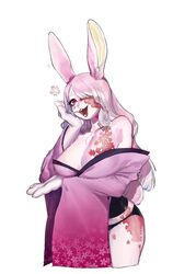  animal_ears animal_hands black_panties body_markings breast_hold breasts buck_teeth cherry_blossoms cleavage colored_skin cropped_kimono cropped_legs facial_mark female floral_print gradient_kimono hair_over_one_eye hand_up highres japanese_clothes kimono large_breasts long_hair long_sleeves looking_at_viewer meziro001 no_pants off_shoulder one_eye_covered open_mouth original panties petals pink_hair pink_kimono pink_skin plump rabbit_ears red_eyes simple_background slit_pupils smile snout solo teeth underwear white_background wide_sleeves 