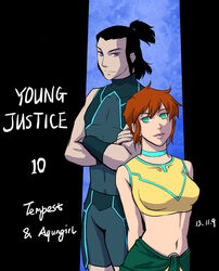  1boy 2013 aqua_eyes aquagirl aquaman_(series) black_hair character_name crossed_arms dc_comics female garth midriff purple_eyes riyan short_hair tempest tula young_justice:_invasion 