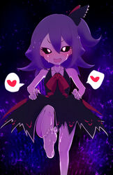  bare_arms barefoot black_sclera blush bright_pupils clothes_lift colored_sclera colored_skin commentary_request damenano104 dress dress_lift feet female foot_focus heart highres implied_footjob looking_at_viewer musume_(yuunama) oerba_yun_fang open_mouth purple_hair purple_skin ribbon sleeveless sleeveless_dress smile soles suggestive_fluid thought_bubble toes v_yuusha_no_kuse_ni_namaiki_da_r yuusha_no_kuse_ni_namaiki_da 