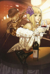  1boy alcohol bare_shoulders blonde_hair bob_cut bottle cup dress drinking_glass female formal gloves gown green_eyes hair_ornament highres holster instrument jewelry lips maeshima_shigeki mattalast_balory milepoch_finedel necklace tatakau_shisho trombone white_dress wine wine_glass 