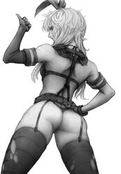  ass commentary_request cosplay elbow_gloves female from_behind garter_straps gloves graphite_(medium) greyscale hair_ornament hairband imizu_(nitro_unknown) kantai_collection long_hair metal_gear_(series) metal_gear_solid_v:_the_phantom_pain monochrome quiet_(metal_gear) quiet_(metal_gear)_(cosplay) shimakaze_(kancolle) simple_background solo thighhighs thong traditional_media underwear 