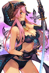  asymmetrical_gloves bikini black_bikini black_gloves breasts bug butterfly cleavage draph female fingerless_gloves gloves granblue_fantasy horns hungry_clicker katana looking_at_viewer narmaya_(granblue_fantasy) narmaya_(the_black_butterfly)_(granblue_fantasy) official_alternate_costume pointy_ears single_fingerless_glove solo swimsuit sword uneven_gloves weapon 