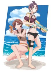  2girls asakura_toru bare_shoulders barefoot bead_bracelet beads belt bikini black_bikini blue_eyes blue_nails blue_sky blush border bracelet breasts brown_bikini brown_hair cleavage closed_mouth cloud collarbone day full_body grin groin hair_ornament hair_tie hairclip hands_up highres higuchi_madoka holding holding_water_gun holster idolmaster idolmaster_shiny_colors jewelry looking_at_viewer medium_breasts mismatched_bikini mole mole_under_eye multiple_girls nail_polish navel ocean on_one_knee open_mouth outdoors outside_border pink_nails pointing_gun purple_eyes short_hair sky smile squatting standing striped_bikini striped_clothes swept_bangs swimsuit tenma_(uropennzetubou) thigh_belt thigh_holster thigh_strap toes utility_belt vertical-striped_bikini vertical-striped_clothes water water_gun white_border 