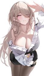  absurdres bare_shoulders black_gloves black_shorts blush breasts brown_hair cleavage closed_mouth clothes_pull clothing_cutout commentary_request dress female flower gloves hair_over_one_eye highres honkai_(series) honkai_impact_3rd large_breasts long_hair long_sleeves looking_at_viewer mole mole_under_eye purple_eyes rita_rossweisse rita_rossweisse_(fallen_rosemary) ruo_zhishi_chu_jian shirt shorts side_cutout single_bare_shoulder single_glove smile solo very_long_hair white_background white_shirt 