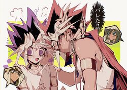  3boys @_@ absurdres alternate_costume atem black_hair blonde_hair blush brown_hair dark-skinned_female dark-skinned_male dark_skin female green_eyes highres long_hair looking_back mahado mana_(yu-gi-oh!) multicolored_hair multiple_boys muto_yugi purple_hair red_hair translation_request upper_body xiao_(creation0528) yaoi yu-gi-oh! yu-gi-oh!_duel_monsters 