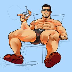  1boy abs bara beard_stubble black_hair black_male_swimwear bulge cocktail_glass crocs cup drinking_glass facial_hair highres huge_eyebrows large_pectorals lucas_lee male_focus male_swimwear muscular muscular_male navel nipples on_chair pectorals phineart scott_pilgrim_(series) scott_pilgrim_takes_off short_hair sitting smile solo sparse_chest_hair spread_legs stubble sunglasses swim_briefs thick_thighs thighs topless_male unfinished 