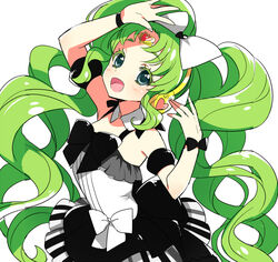  :d arm_up bare_shoulders black_bow bow colored_eyelashes cosplay cowboy_shot dress falulu falulu_(awakened) female forehead_jewel frilled_dress frills green_hair grey_eyes hand_up headphones idol_clothes layered_dress long_hair looking_at_viewer manaka_laala manaka_laala_(cosplay) open_mouth parted_bangs pretty_series pripara sidelocks simple_background smile solo sukoyaka_(100hituzi) twintails very_long_hair white_background white_bow wrist_bow 