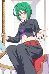  belt breasts carousel collared_shirt dolldolldd female green_hair grey_pants grey_shirt highres horse horseback_riding kiratto_pri_chan long_sleeves looking_at_viewer medium_breasts midorikawa_sara midriff nail_polish offering_hand open_mouth outstretched_arm pants pink_eyes pretty_series purple_shirt reaching reaching_towards_viewer red_belt riding shirt short_hair sitting smile solo 