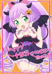  :d bare_shoulders black_dress black_horns black_wings blush bow claw_pose commentary_request demon_horns demon_tail demon_wings dress fake_horns female food-themed_hair_ornament frilled_dress frills full_body green_eyes hair_ornament hairbow halloween_costume hands_up happy_halloween highres hokahoka_yudoufu horns long_hair looking_at_viewer manaka_laala nail_polish oerba_yun_fang open_mouth orange_background outline pink_bow pretty_series pripara pumpkin_hair_ornament purple_hair seiza sitting smile solo strapless strapless_dress tail twintails very_long_hair white_outline wings wrist_cuffs 