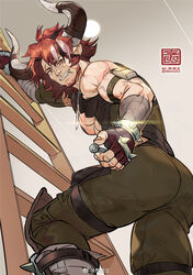  1boy animal_ears arknights ass bara beard_stubble climbing_ladder cow_boy cow_ears cow_horns dog_tags facial_hair feet_out_of_frame fingerless_gloves from_below glint gloves grin highres holding horns humus_(arknights) jumpsuit large_horns large_pectorals looking_at_viewer male_focus mature_male mechanic mouth_hold multicolored_hair muscular muscular_male nipples pectoral_cleavage pectorals red_hair screw screw_in_mouth short_hair smile streaked_hair stubble sweat thick_eyebrows thighs veins veiny_arms very_sweaty wttao_(wttao0213) 