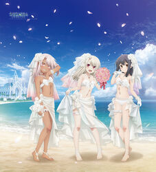  3girls ankle_garter arm_garter barefoot beach bikini black_hair blue_sky blush bouquet breasts bridal_garter bridal_veil bride brown_eyes cathedral chloe_von_einzbern dark-skinned_female dark_skin day fate/kaleid_liner_prisma_illya fate_(series) feet flower full_body gloves grey_hair hair_flower hair_ornament holding holding_bouquet illyasviel_von_einzbern legs long_hair looking_at_viewer miyu_edelfelt multiple_girls navel nontraditional_wedding_dress ocean official_art open_mouth orange_eyes outdoors petals pink_flower pink_hair red_eyes sarong satou_kaori sky small_breasts smile swimsuit toenails toes veil water white_bikini white_flower white_gloves 