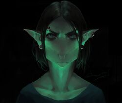  2018 akrolayn alien anthro black_background black_clothing black_hair black_shirt black_topwear bust_portrait clothing digital_media_(artwork) digital_painting_(artwork) ear_piercing eyebrows female front_view geodis_(species) green_lighting hair humanoid light lighting piercing portrait prick_ears realistic_lighting realistic_shading shaded shirt simple_background solo topwear valetta_(akrolayn) 