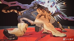  2boys ass bara broken broken_chain bulge chains from_side full_body highres male_focus mature_male multiple_boys muscular muscular_male original singlet spread_legs sweat symbolism tail tail_grab tail_through_clothes thick_thighs thighs tiger_boy tooboshoo very_sweaty wolf_boy wrestling wrestling_ring 