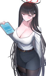  black_hair black_pantyhose black_skirt blue_archive blush breasts bright_pupils cleavage closed_mouth collarbone commentary_request female hair_ornament halo highres holding large_breasts long_hair long_sleeves looking_at_viewer pantyhose pink_pupils red_eyes rio_(blue_archive) shirt shirt_tucked_in shougun_(chuckni1) simple_background skirt solo very_long_hair white_background white_shirt 