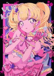  absurdres bare_shoulders blonde_hair blush bright_pupils cowboy_shot cropped_shirt female frilled_skirt frills gloves hair_ornament hand_on_own_cheek hand_on_own_face hands_up heart highres holding holding_microphone idol_clothes idol_time_pripara ligne_claire long_hair looking_at_viewer microphone midriff milon_cas pink_gloves pink_shirt pink_skirt pretty_series pripara purple_eyes red_lips retro_artstyle ringlets shirt skirt solo star_(symbol) star_hair_ornament two_side_up white_pupils yume_kawaii yumekawa_yui 