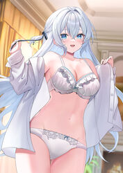  ass_visible_through_thighs bare_shoulders blue_eyes blush bow bow_bra bow_panties bra breasts cleavage commentary_request female grey_hair hairbow highres hitachi_sou lace-trimmed_bra lace-trimmed_panties lace_trim long_hair looking_at_viewer medium_breasts navel off_shoulder open_clothes open_mouth open_shirt original paid_reward_available panties skirt smile solo standing thighs underwear undressing very_long_hair white_bra white_panties white_skirt 